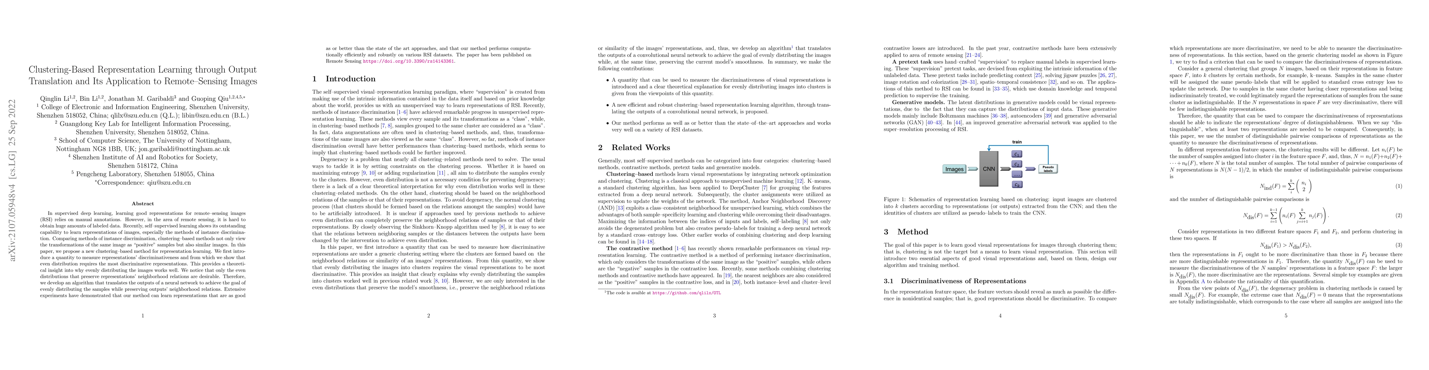 Thumbnail for Clustering-Based Representation Learning through Output Translation and
  Its Application to Remote--Sensing Images
