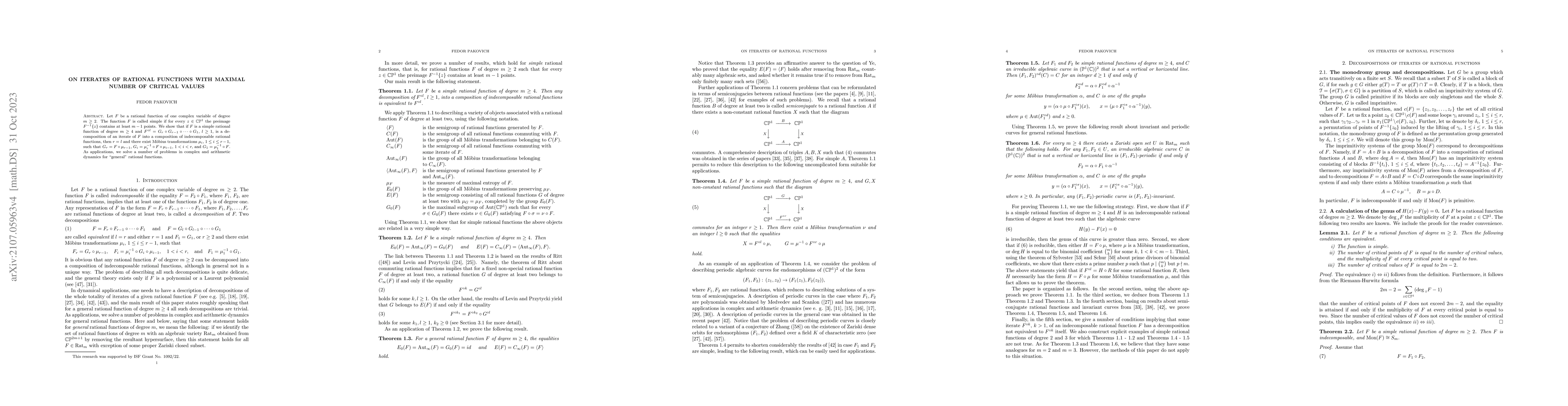 Thumbnail for On iterates of rational functions with maximal number of critical values