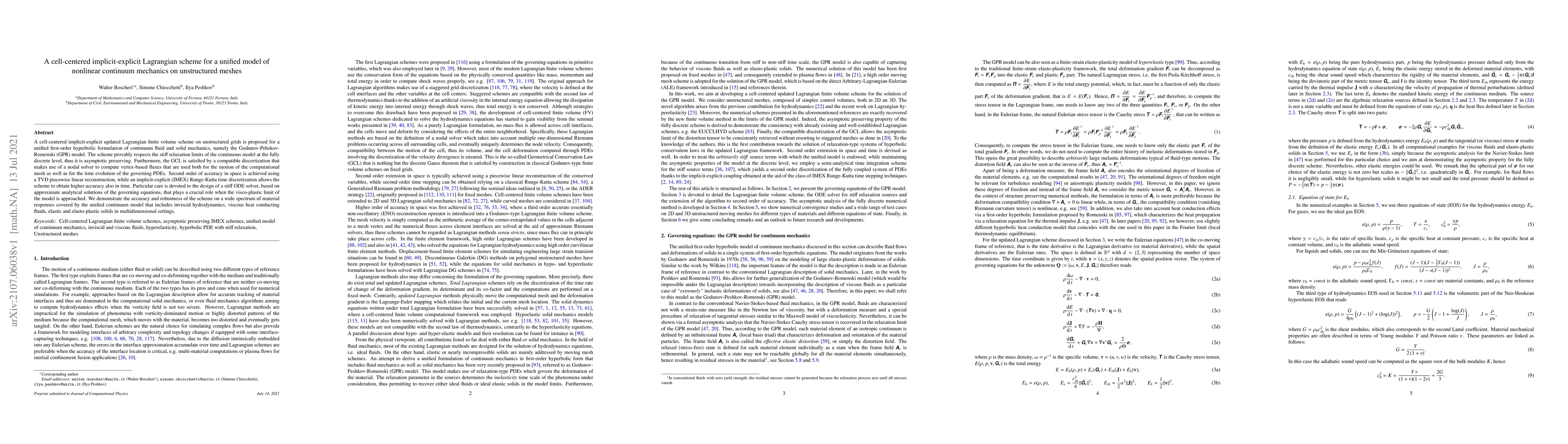 Thumbnail for A cell-centered implicit-explicit Lagrangian scheme for a unified model
  of nonlinear continuum mechanics on unstructured meshes