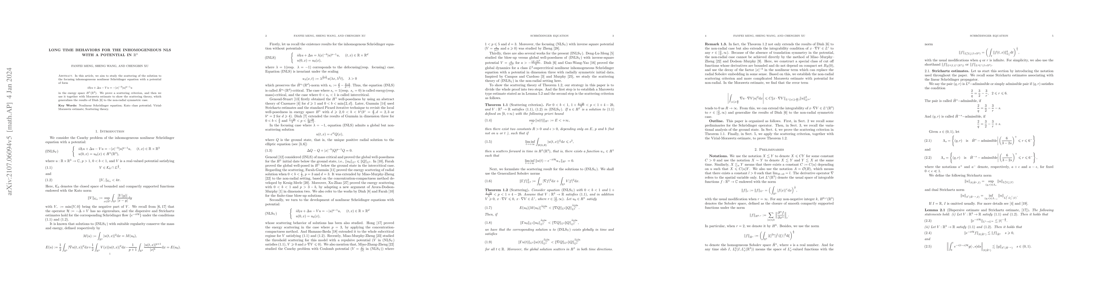 Thumbnail for Long time behaviors for the inhomogeneous NLS with a potential in
  $\mathbb{R}^3$