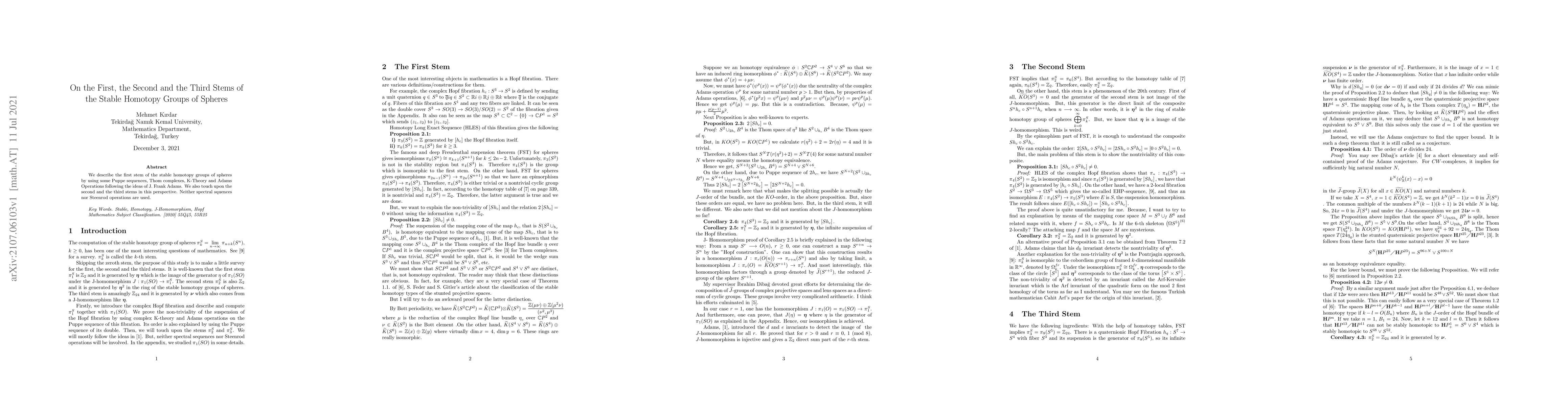 Thumbnail for On the First, the Second and the Third Stems of the Stable Homotopy
  Groups of Spheres