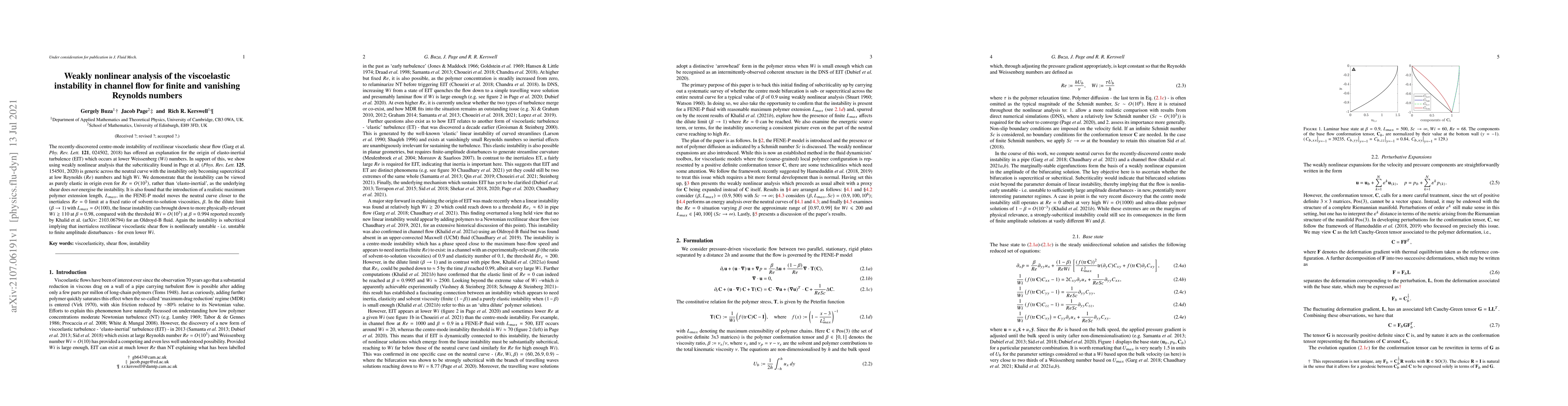 Thumbnail for Weakly nonlinear analysis of the viscoelastic instability in channel
  flow for finite and vanishing Reynolds numbers