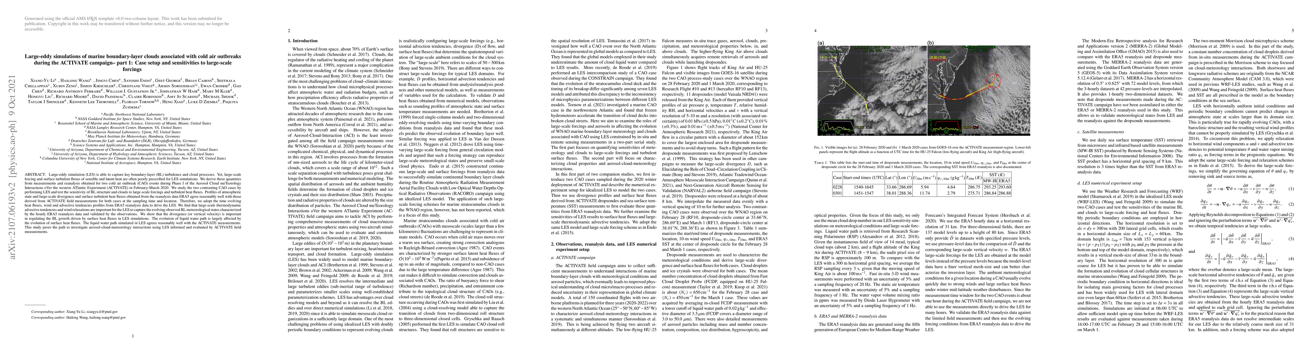 Thumbnail for Large-eddy simulations of marine boundary-layer clouds associated with
  cold air outbreaks during the ACTIVATE campaign-part 1: Case setup and
  sensitivities to large-scale forcings