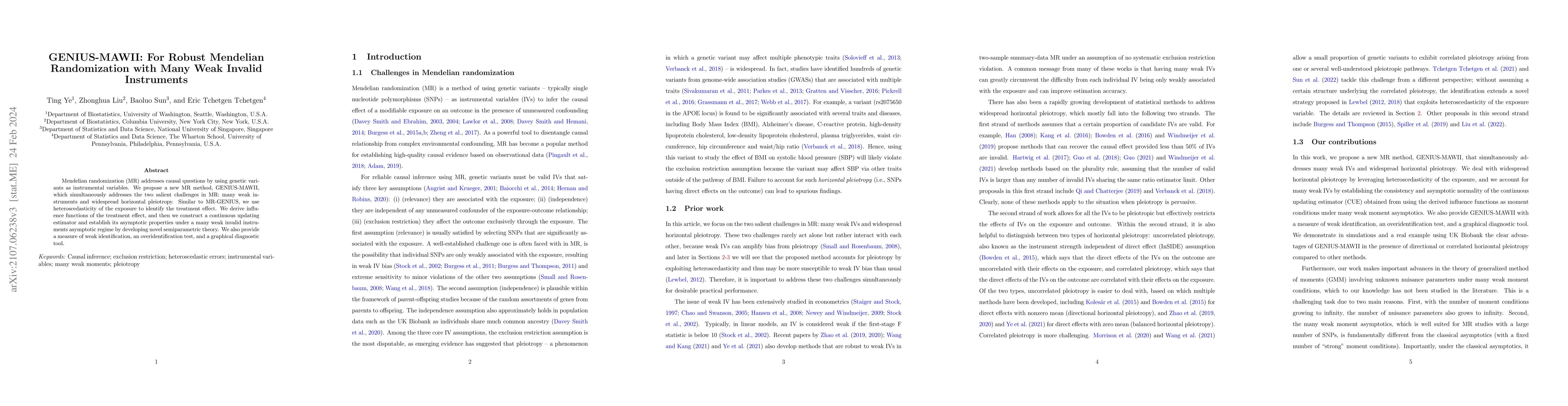 Thumbnail for GENIUS-MAWII: For Robust Mendelian Randomization with Many Weak Invalid
  Instruments