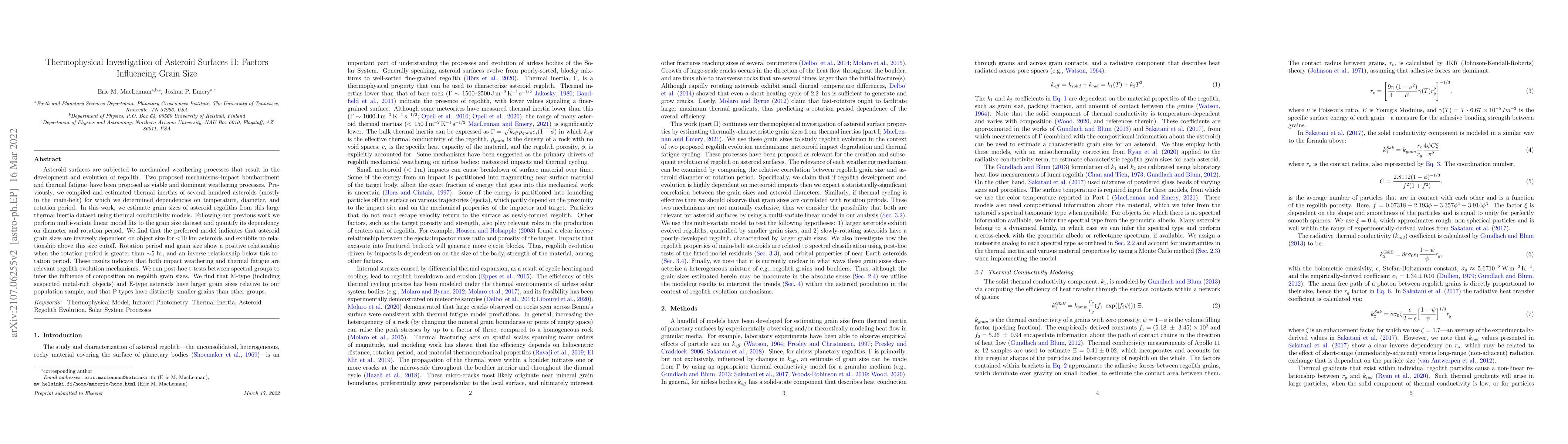 Thumbnail for Thermophysical Investigation of Asteroid Surfaces II: Factors
  Influencing Grain Size