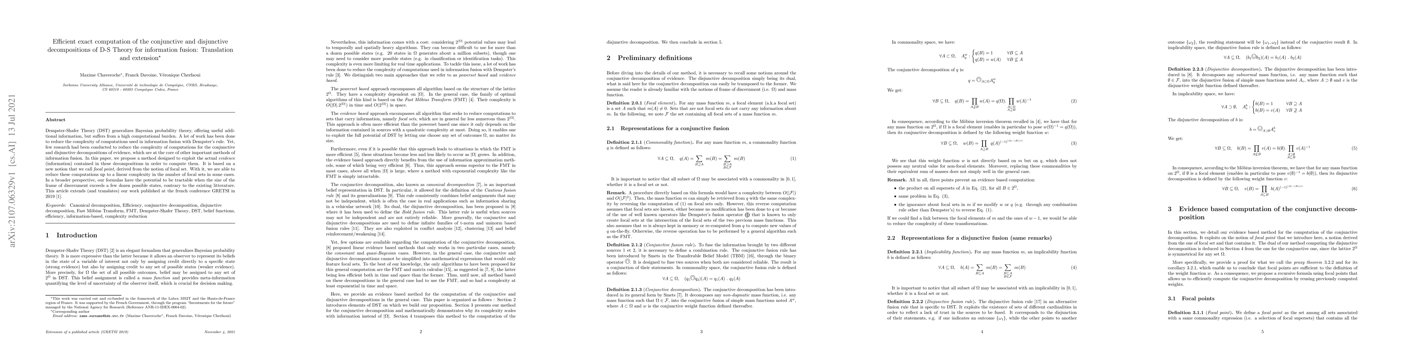 Thumbnail for Efficient exact computation of the conjunctive and disjunctive
  decompositions of D-S Theory for information fusion: Translation and
  extension