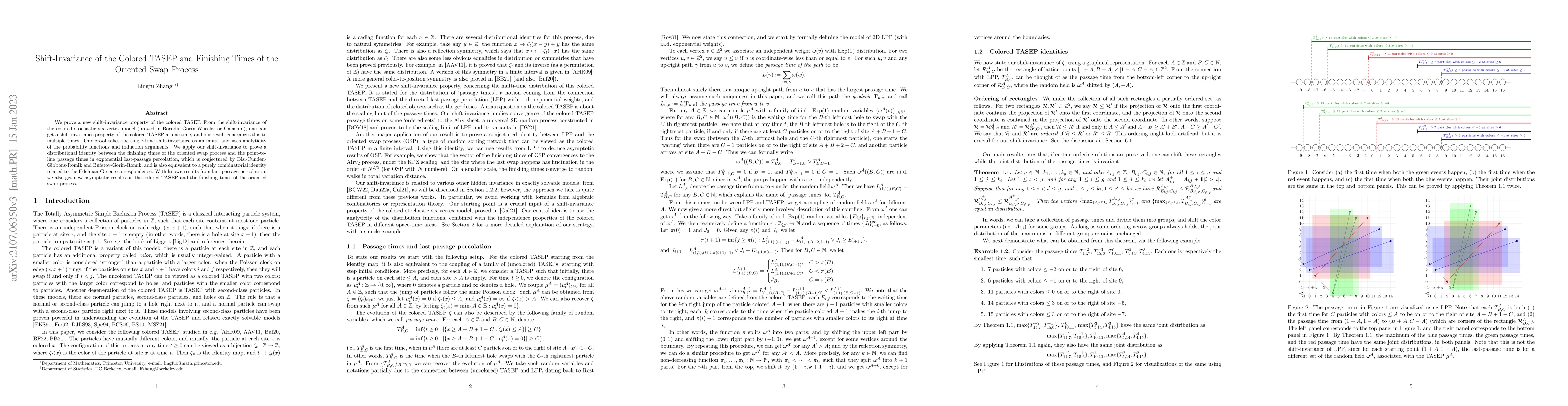 Thumbnail for Shift-Invariance of the Colored TASEP and Finishing Times of the
  Oriented Swap Process