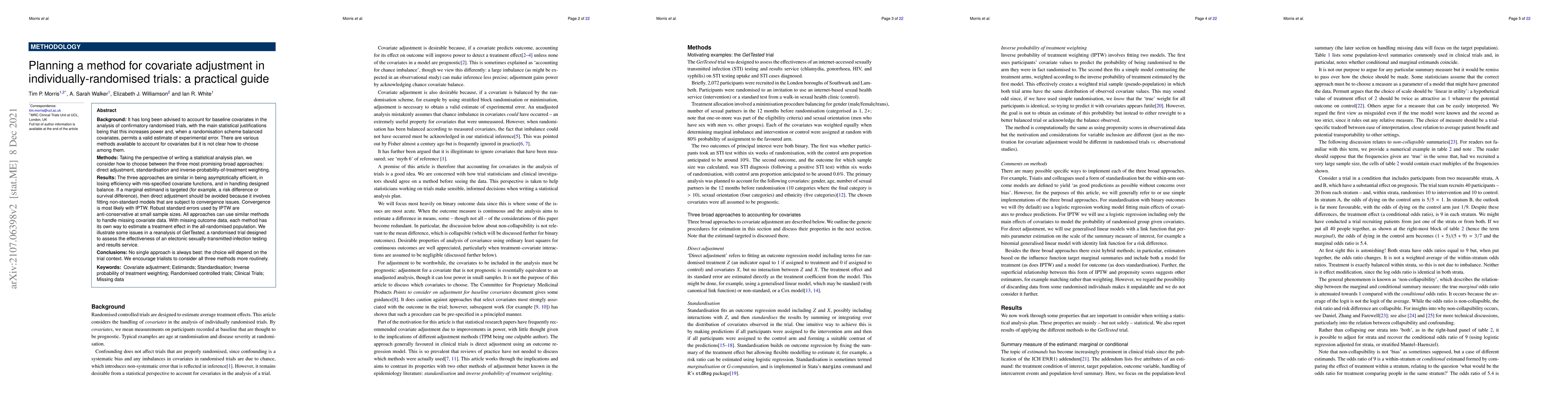 Thumbnail for Planning a method for covariate adjustment in individually-randomised
  trials: a practical guide