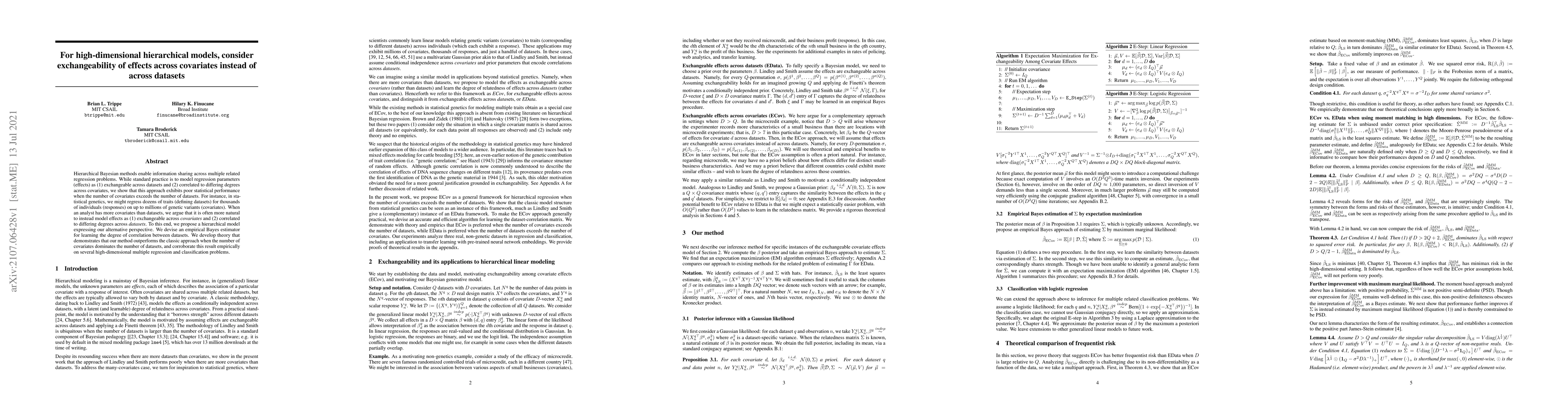 Thumbnail for For high-dimensional hierarchical models, consider exchangeability of
  effects across covariates instead of across datasets