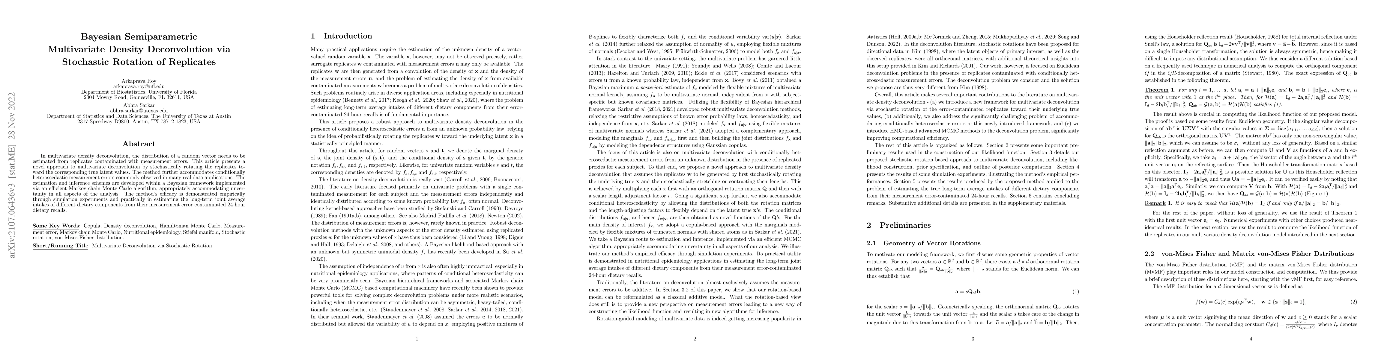 Thumbnail for Bayesian Semiparametric Multivariate Density Deconvolution via
  Stochastic Rotation of Replicates
