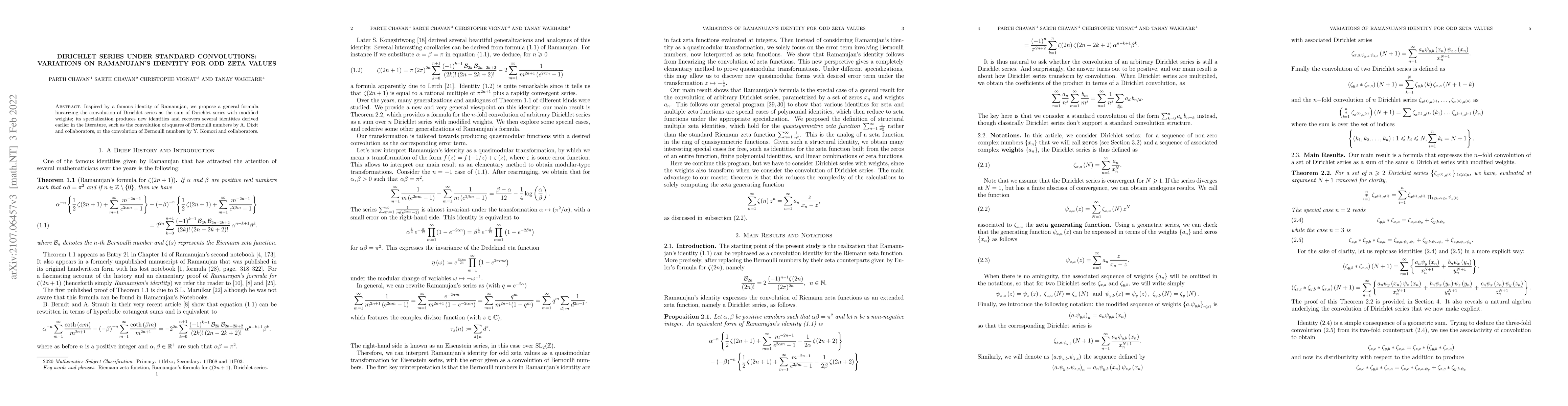 Thumbnail for Dirichlet Series Under Standard Convolutions: Variations on Ramanujan's
  Identity for Odd Zeta Values