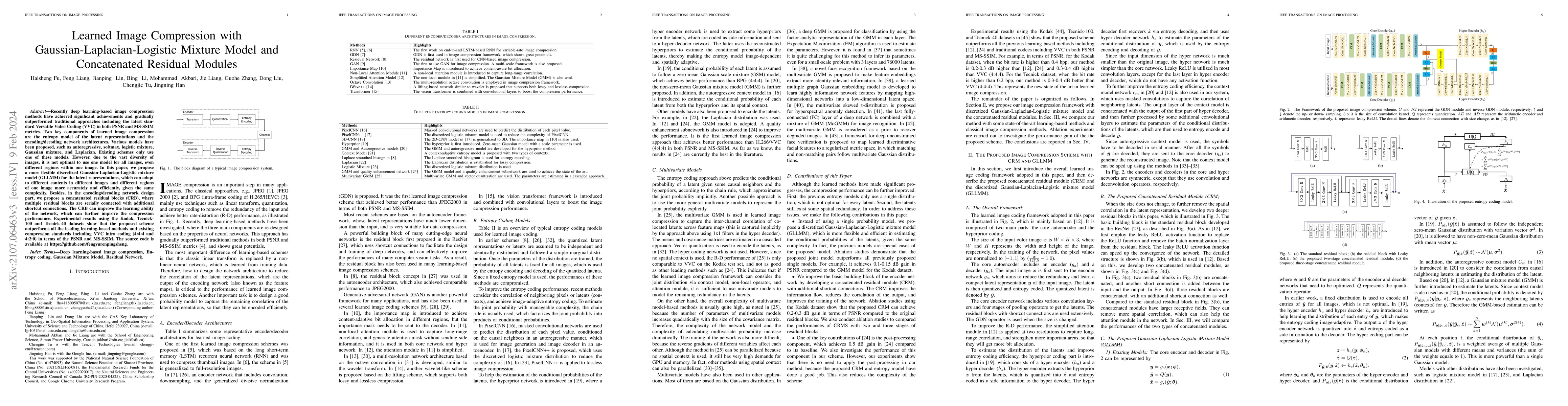 Thumbnail for Learned Image Compression with Gaussian-Laplacian-Logistic Mixture Model
  and Concatenated Residual Modules