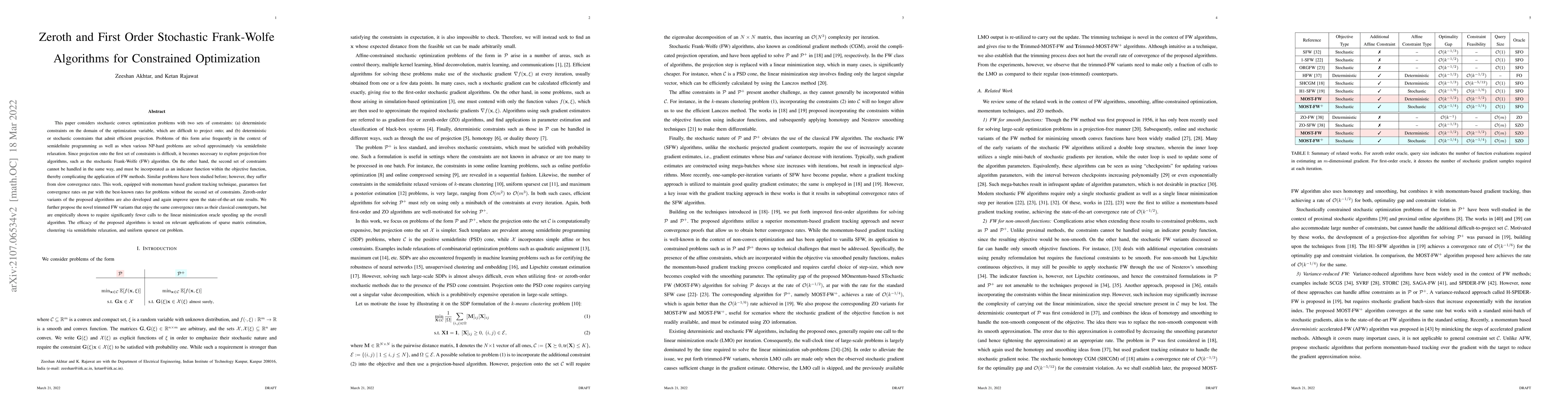 Thumbnail for Zeroth and First Order Stochastic Frank-Wolfe Algorithms for Constrained
  Optimization
