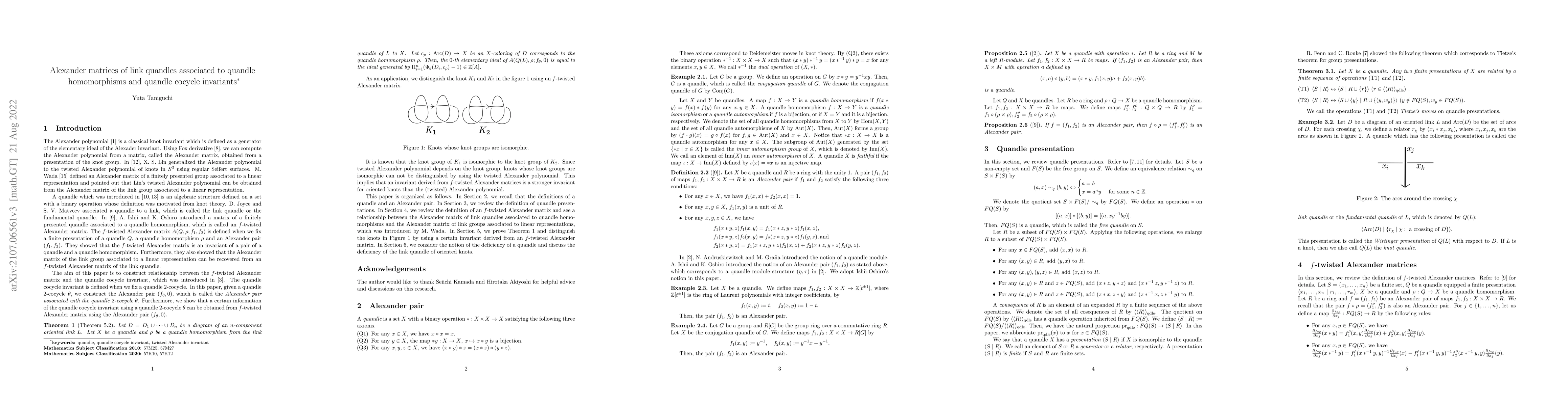 Thumbnail for Alexander matrices of link quandles associated to quandle homomorphisms
  and quandle cocycle invariants