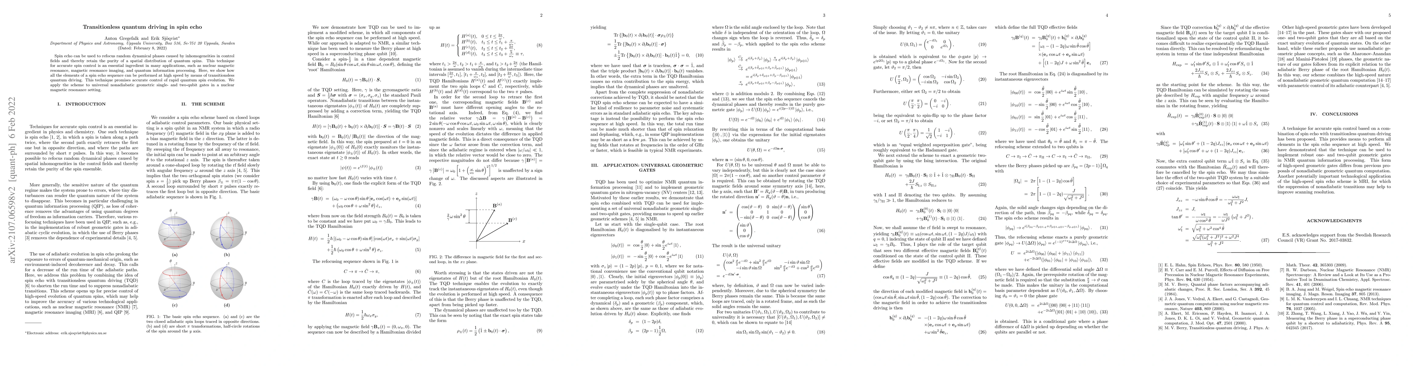 Thumbnail for Transitionless quantum driving in spin echo