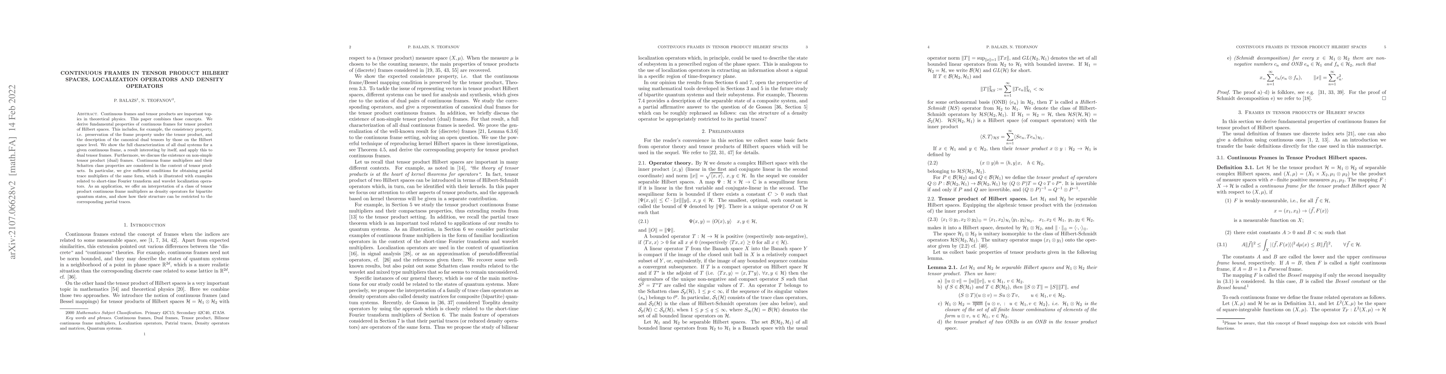 Thumbnail for Continuous frames in tensor product Hilbert spaces, localization
  operators and density operators