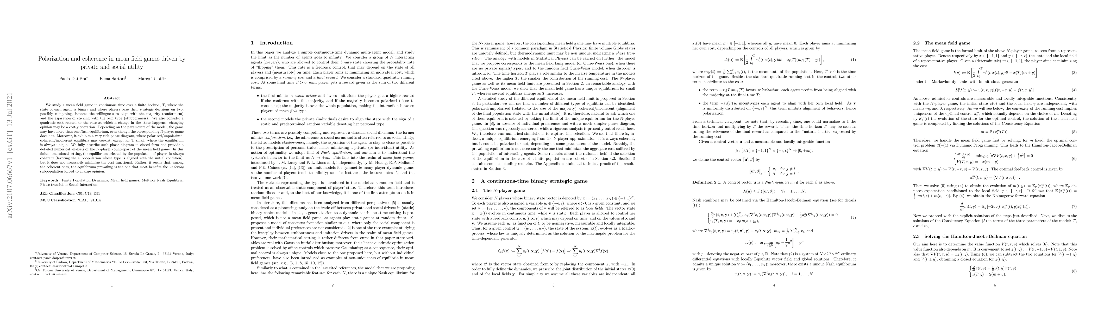 Thumbnail for Polarization and coherence in mean field games driven by private and
  social utility