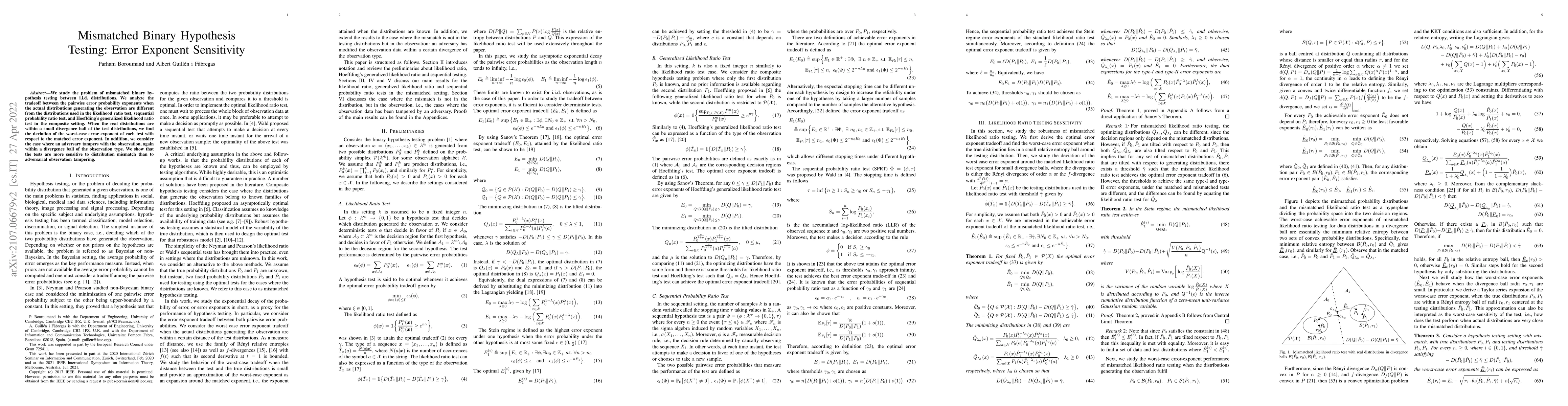 Thumbnail for Mismatched Binary Hypothesis Testing: Error Exponent Sensitivity
