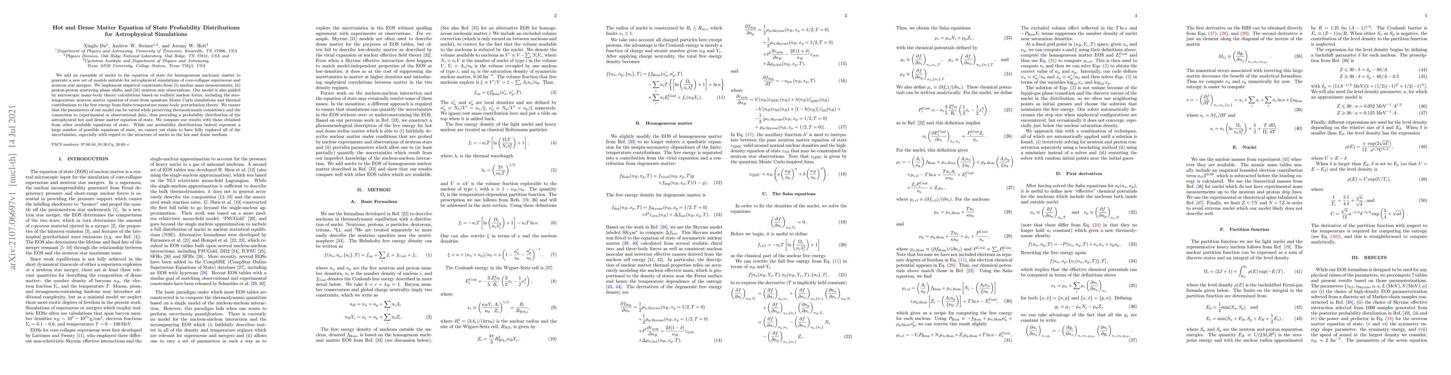 Thumbnail for Hot and Dense Matter Equation of State Probability Distributions for
  Astrophysical Simulations