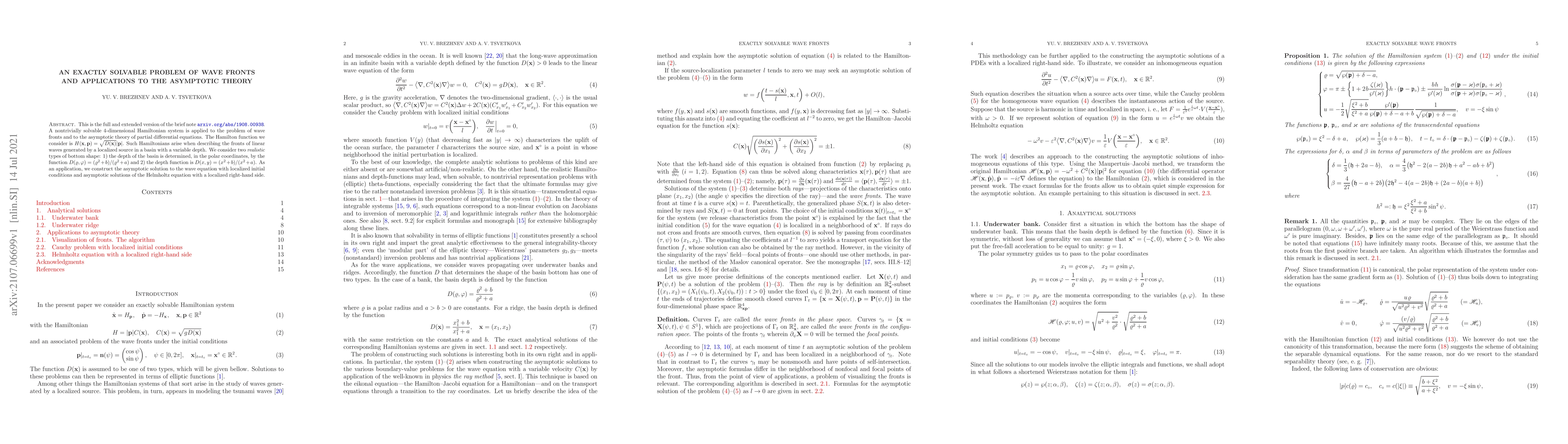 Thumbnail for An exactly solvable problem of wave fronts and applications to the
  asymptotic theory