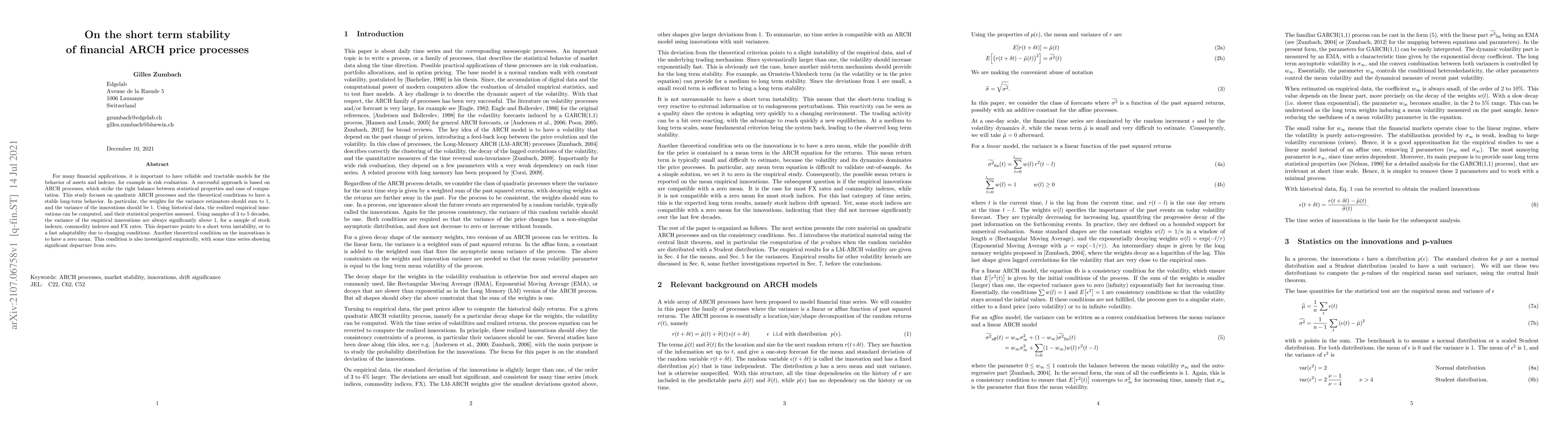 Thumbnail for On the short term stability of financial ARCH price processes