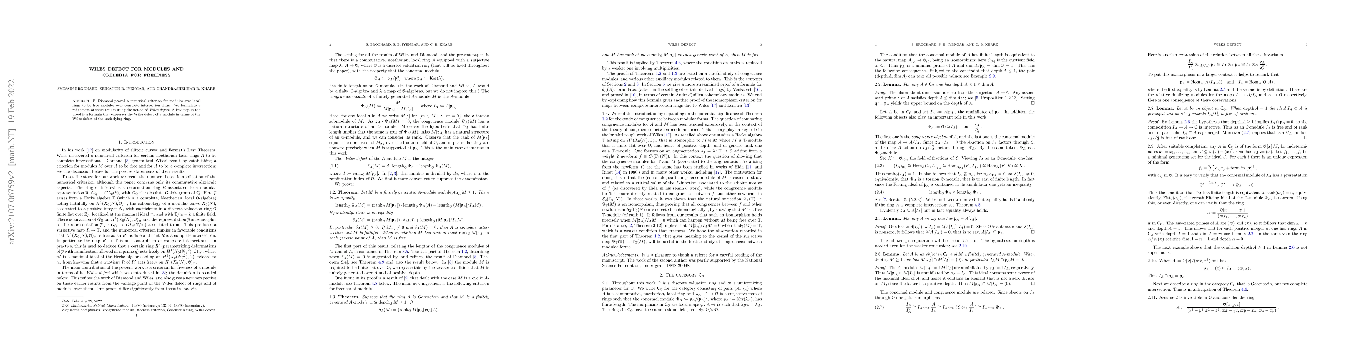 Thumbnail for Wiles defect for modules and criteria for freeness