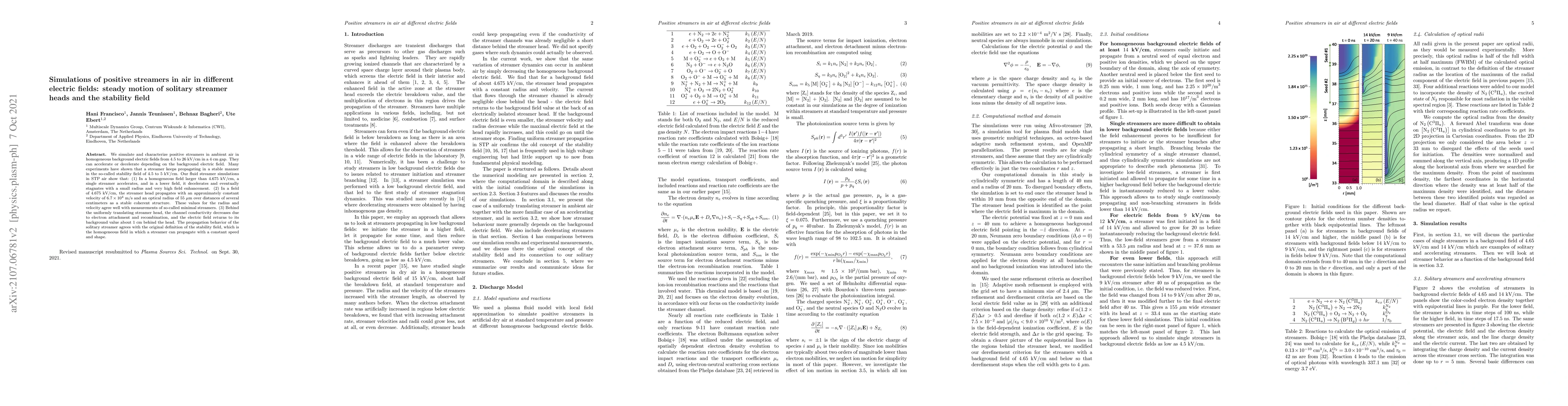 Thumbnail for Simulations of positive streamers in air in different electric fields:
  steady motion of solitary streamer heads and the stability field