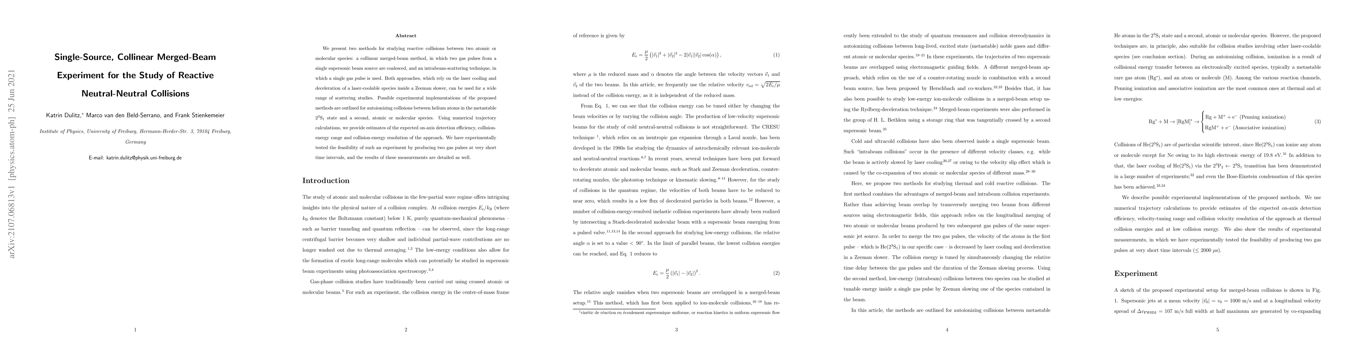 Thumbnail for Single-Source, Collinear Merged-Beam Experiment for the Study of
  Reactive Neutral-Neutral Collisions