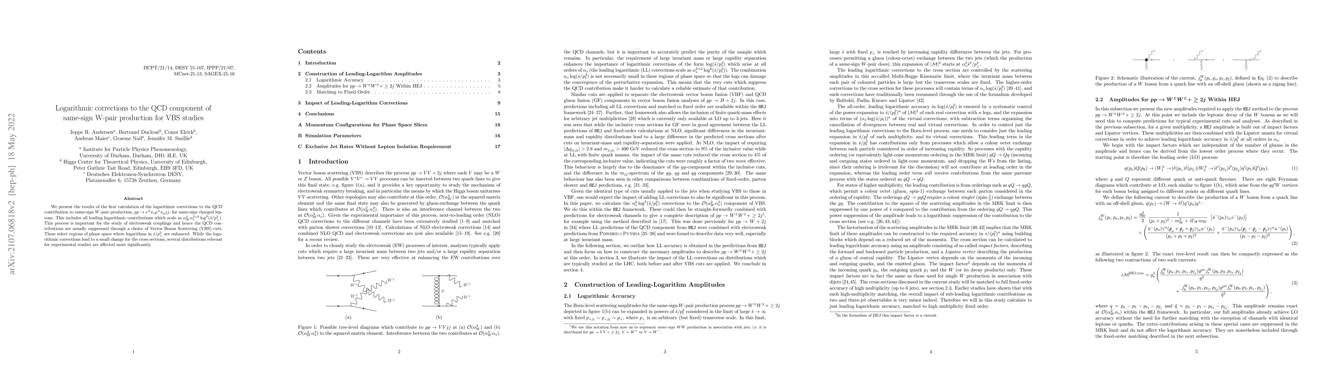 Thumbnail for Logarithmic corrections to the QCD component of same-sign W-pair
  production for VBS studies