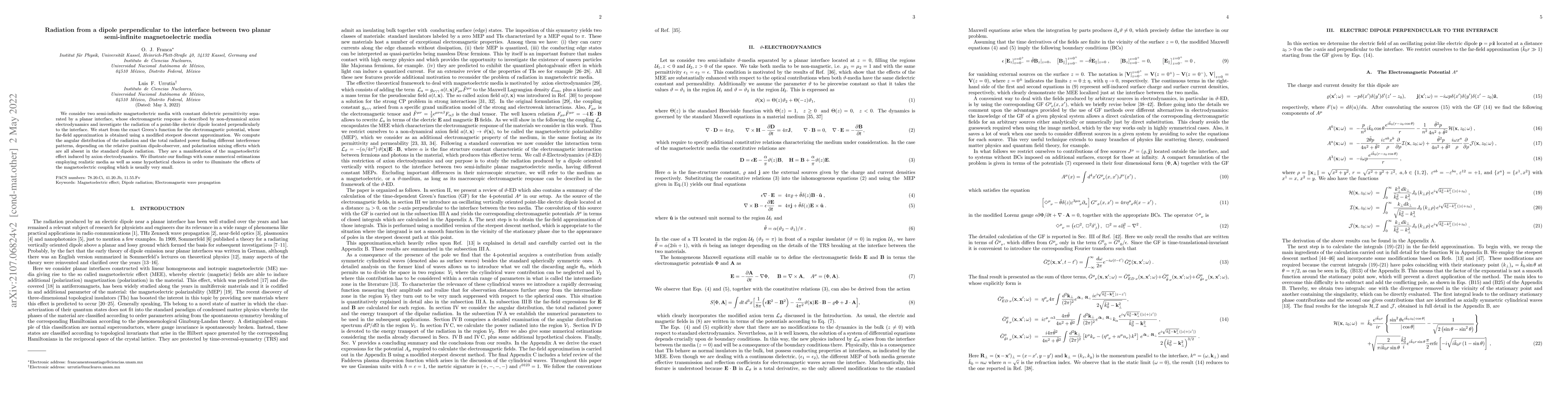 Thumbnail for Radiation from a dipole perpendicular to the interface between two
  planar semi-infinite magnetoelectric media