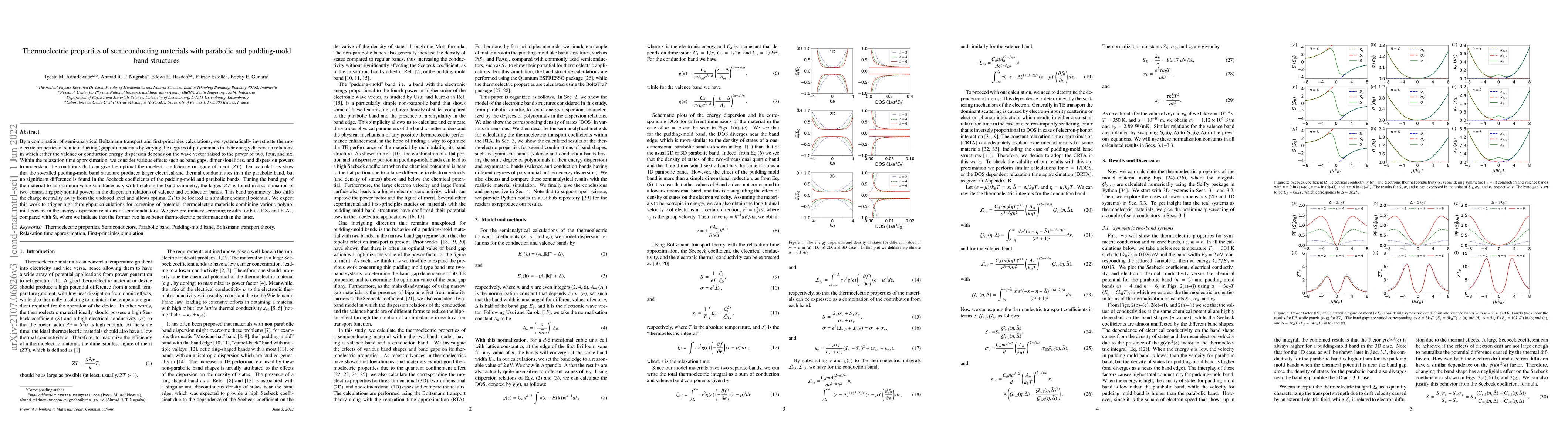Thumbnail for Thermoelectric properties of semiconducting materials with parabolic and
  pudding-mold band structures