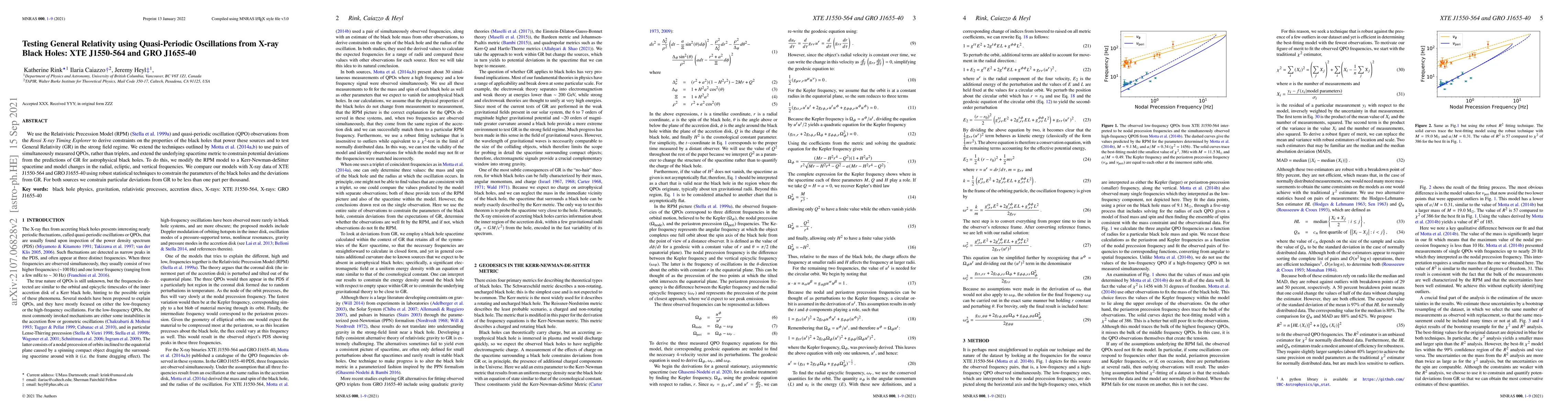 Thumbnail for Testing General Relativity using Quasi-Periodic Oscillations from X-ray
  Black Holes: XTE J1550-564 and GRO J1655-40