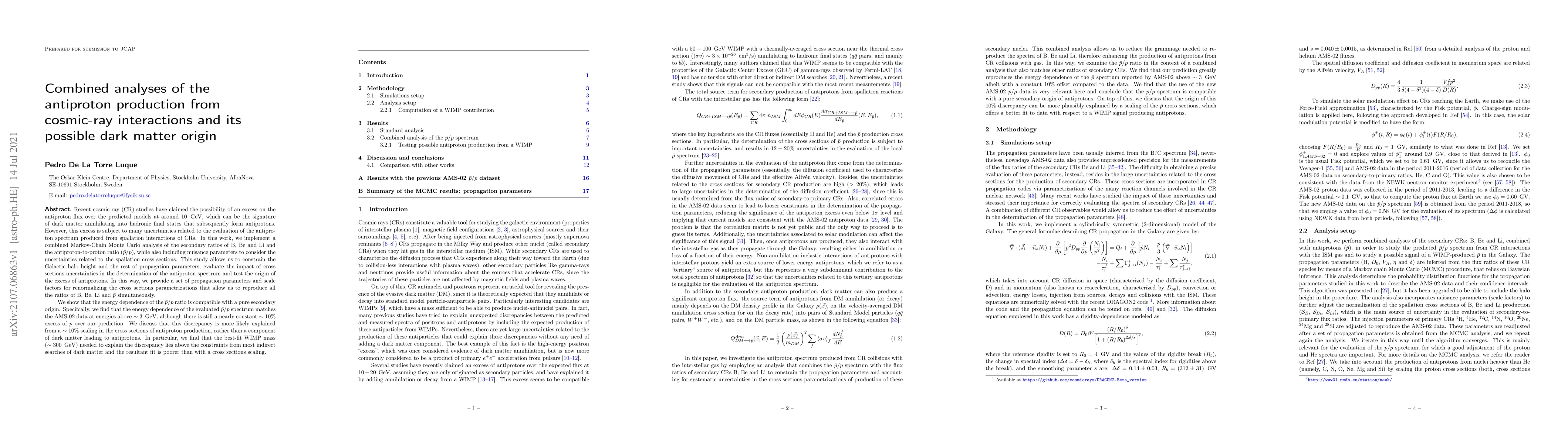 Thumbnail for Combined analyses of the antiproton production from cosmic-ray
  interactions and its possible dark matter origin