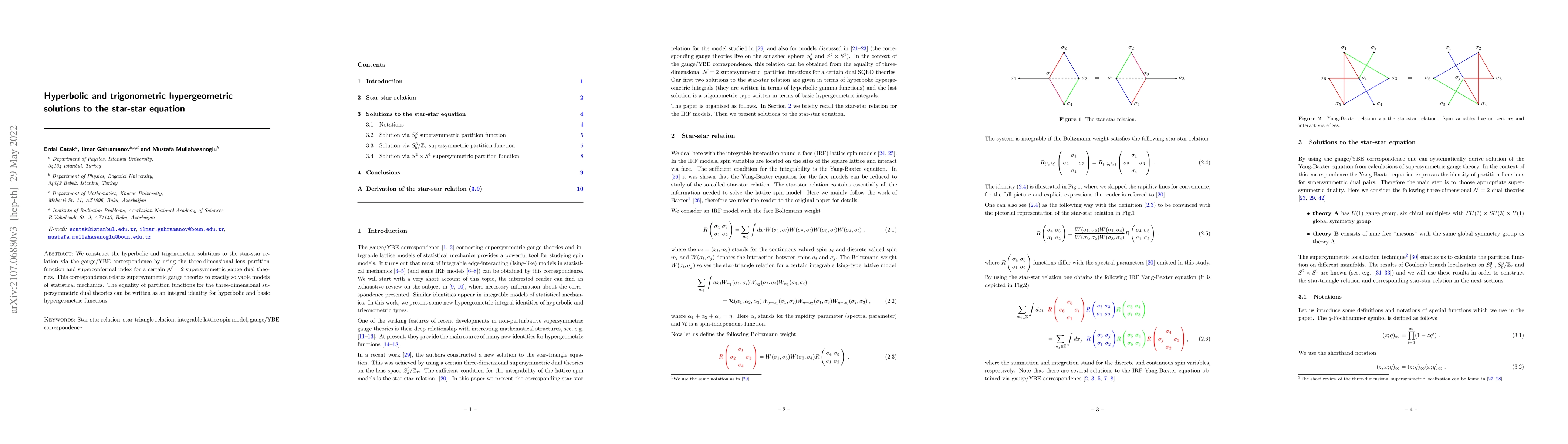Thumbnail for Hyperbolic and trigonometric hypergeometric solutions to the star-star
  equation