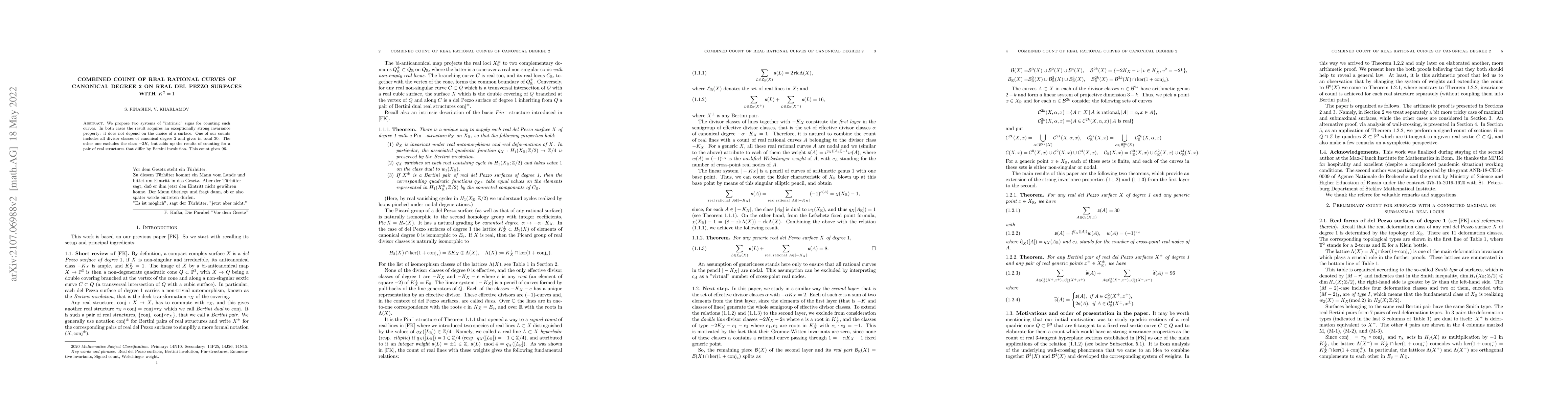 Thumbnail for Combined count of real rational curves of canonical degree 2 on real del
  Pezzo surfaces with $K^2=1$