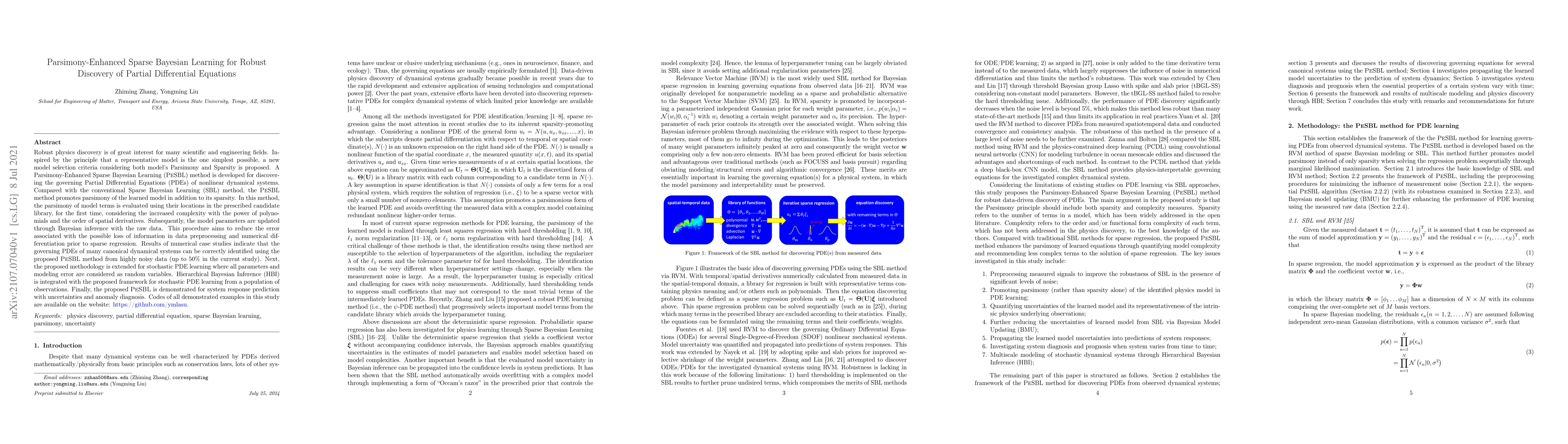 Thumbnail for Parsimony-Enhanced Sparse Bayesian Learning for Robust Discovery of
  Partial Differential Equations