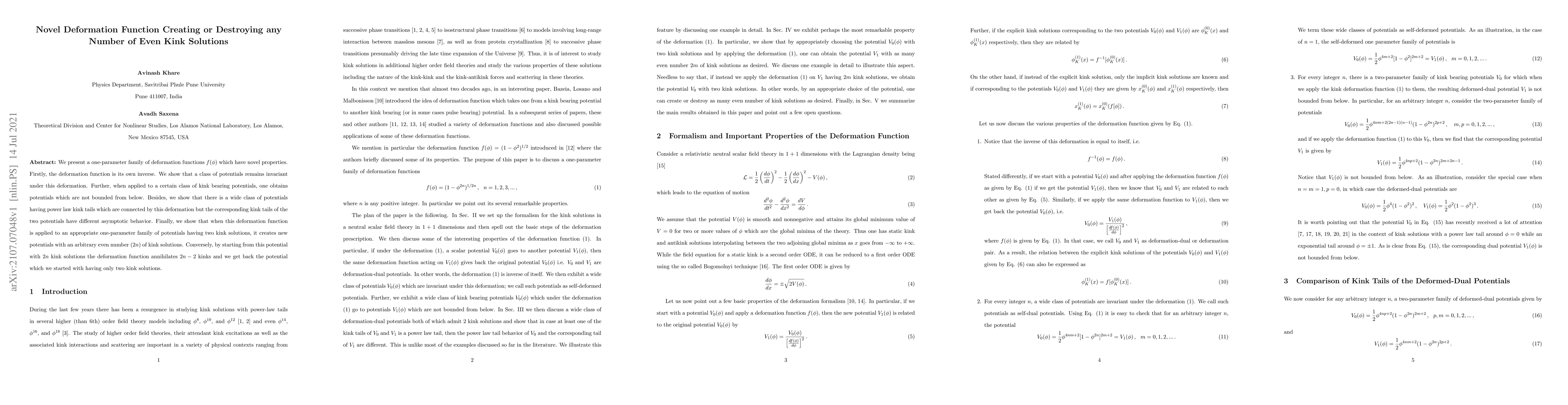 Thumbnail for Novel Deformation Function Creating or Destroying any Number of Even
  Kink Solutions