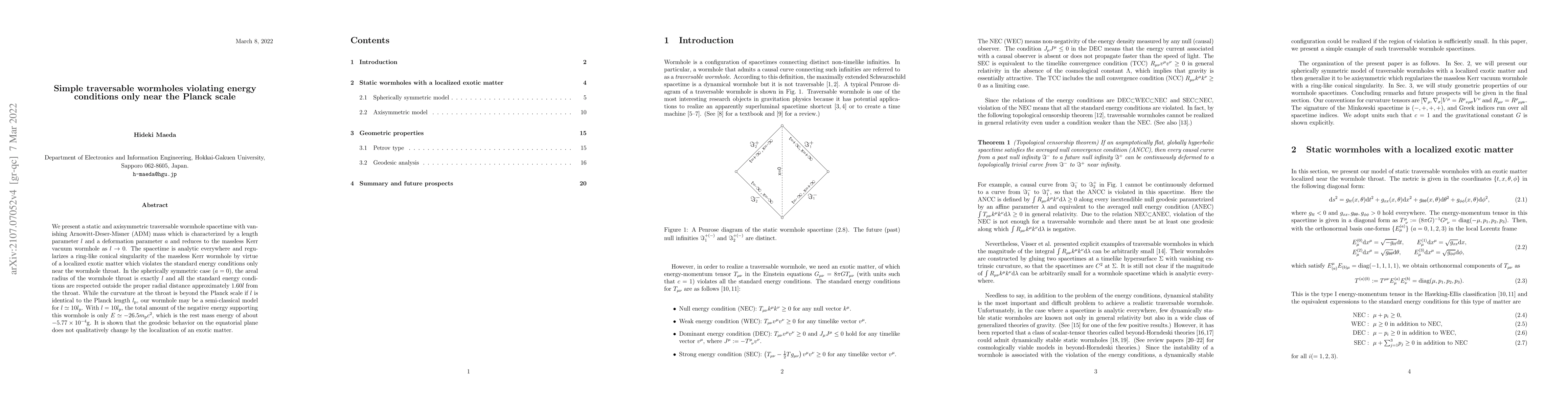 Thumbnail for Simple traversable wormholes violating energy conditions only near the
  Planck scale