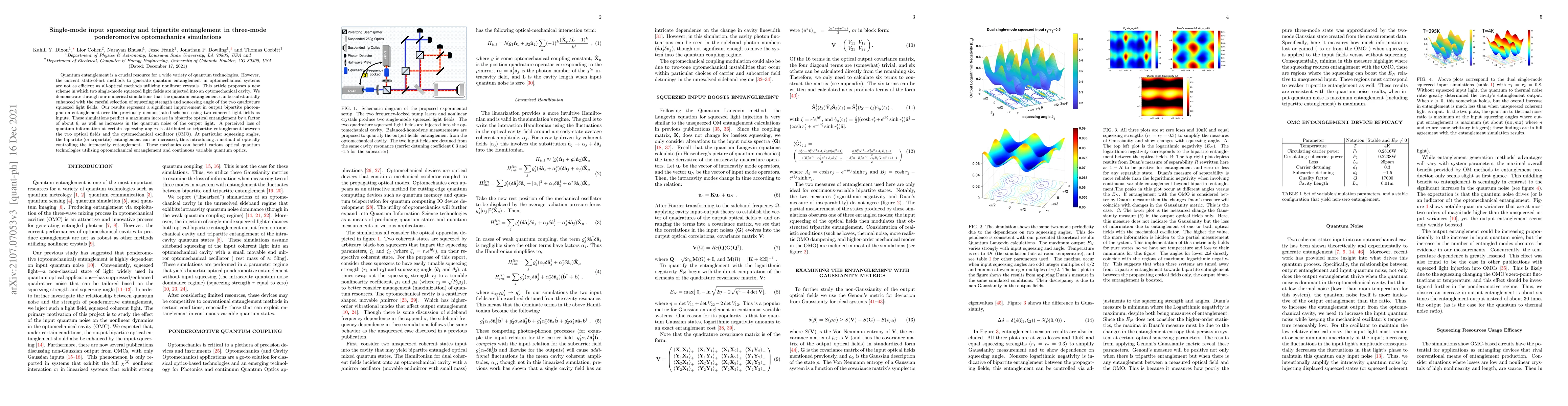 Thumbnail for Single-mode input squeezing and tripartite entanglement in three-mode
  ponderomotive optomechanics simulations