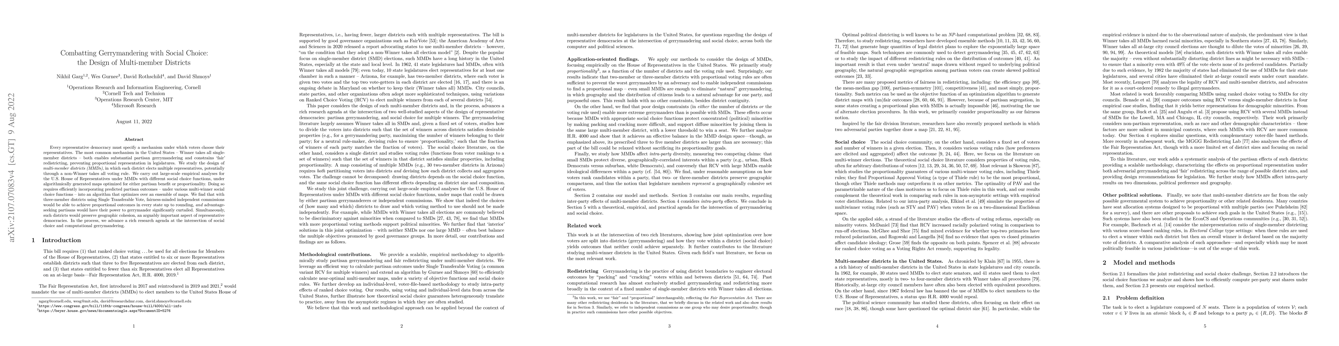 Thumbnail for Combatting Gerrymandering with Social Choice: the Design of Multi-member
  Districts