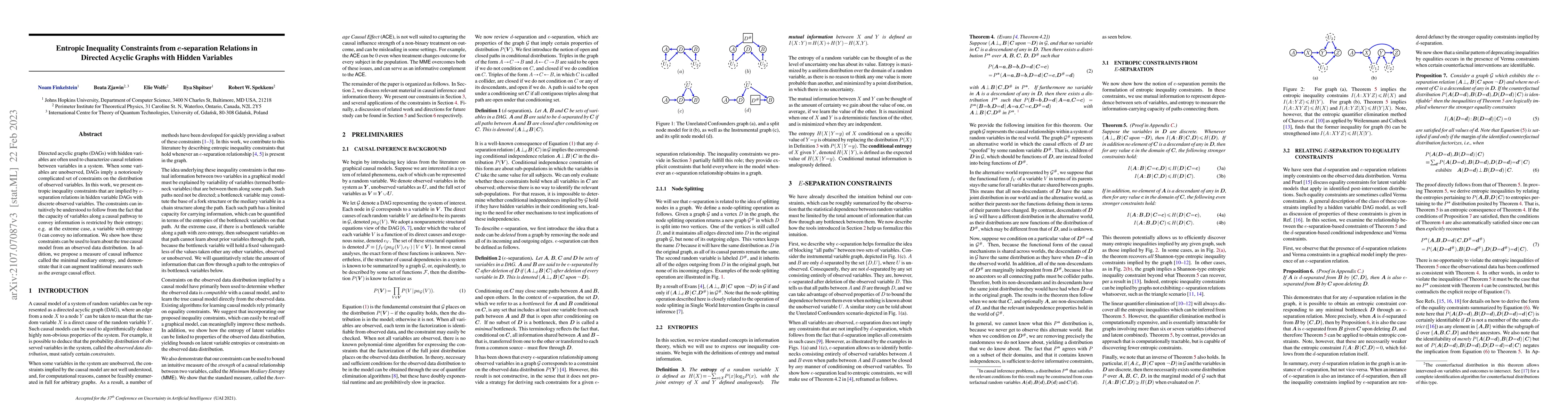 Thumbnail for Entropic Inequality Constraints from $e$-separation Relations in
  Directed Acyclic Graphs with Hidden Variables