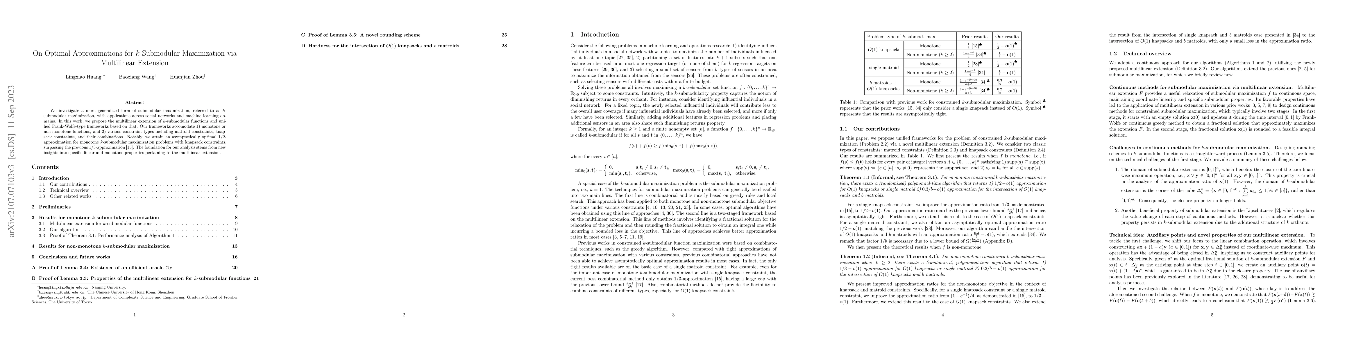 Thumbnail for On Optimal Approximations for $k$-Submodular Maximization via
  Multilinear Extension