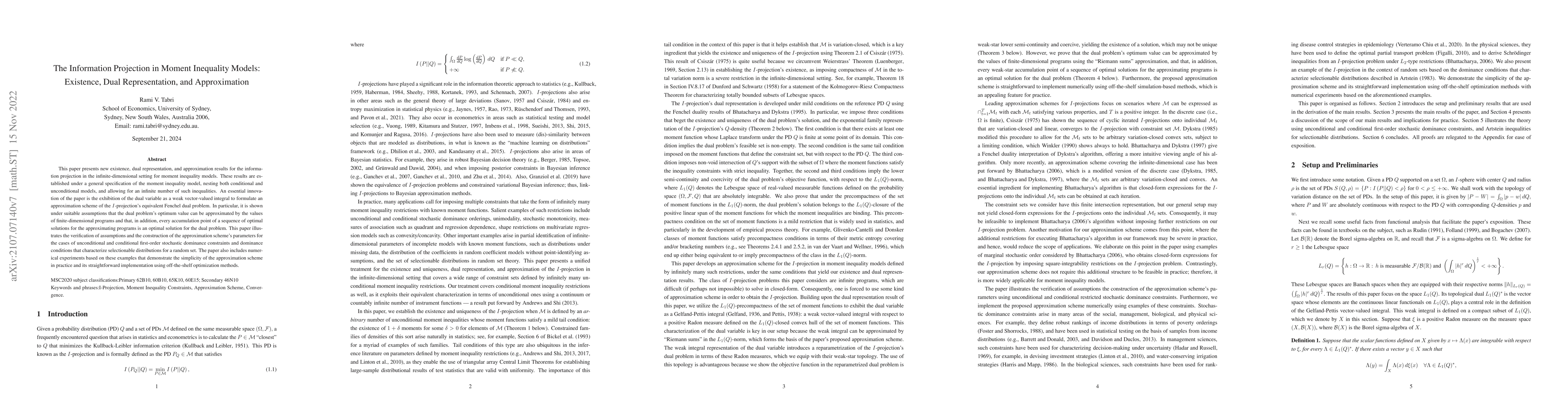 Thumbnail for The Information Projection in Moment Inequality Models: Existence, Dual
  Representation, and Approximation