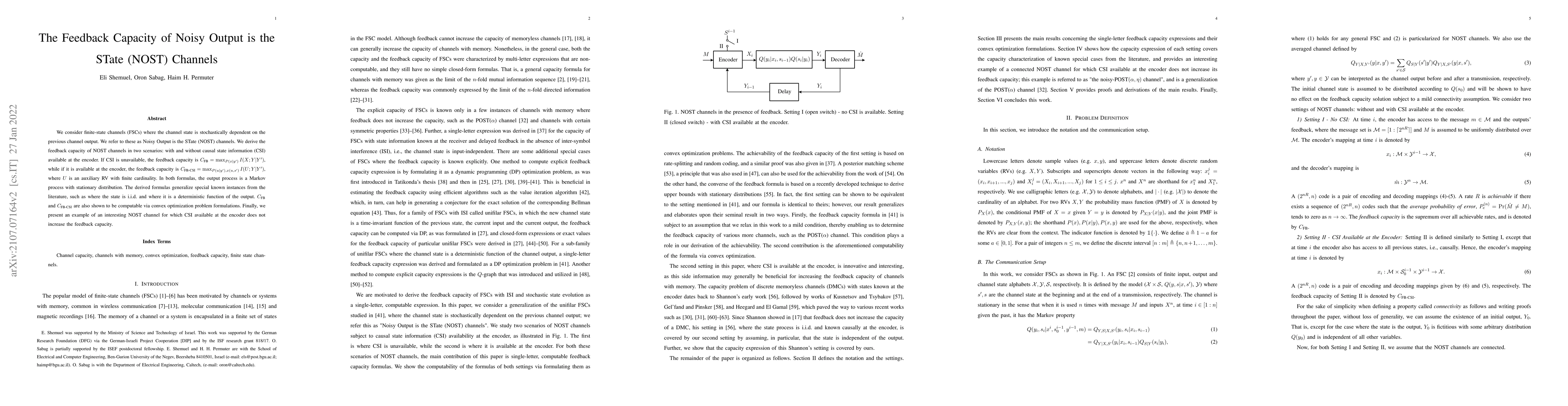 Thumbnail for The Feedback Capacity of Noisy Output is the STate (NOST) Channels