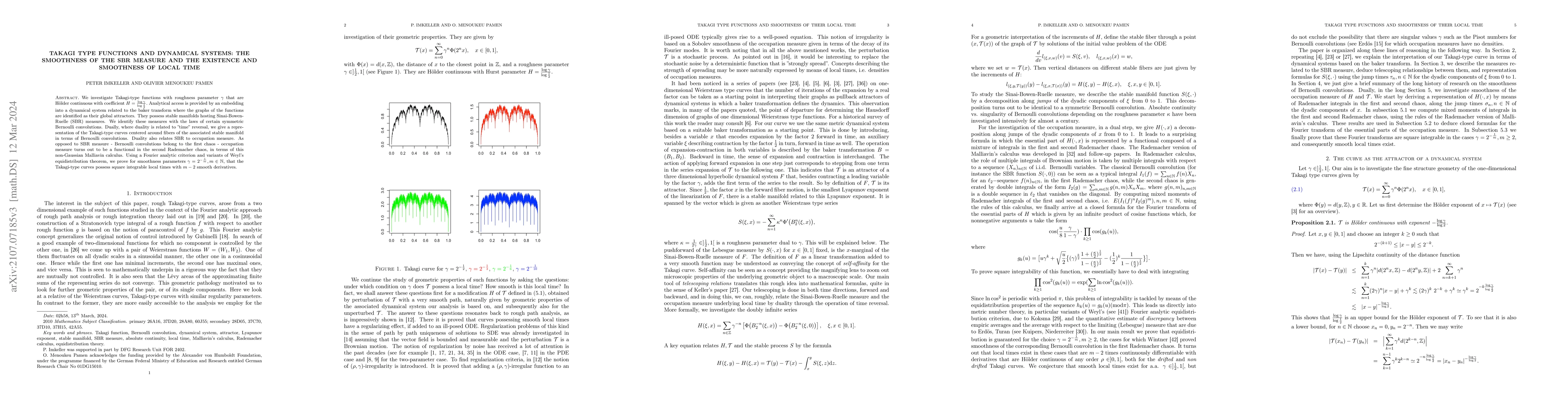 Thumbnail for Takagi type functions and dynamical systems: the smoothness of the SBR
  measure and the existence and smoothness of local time