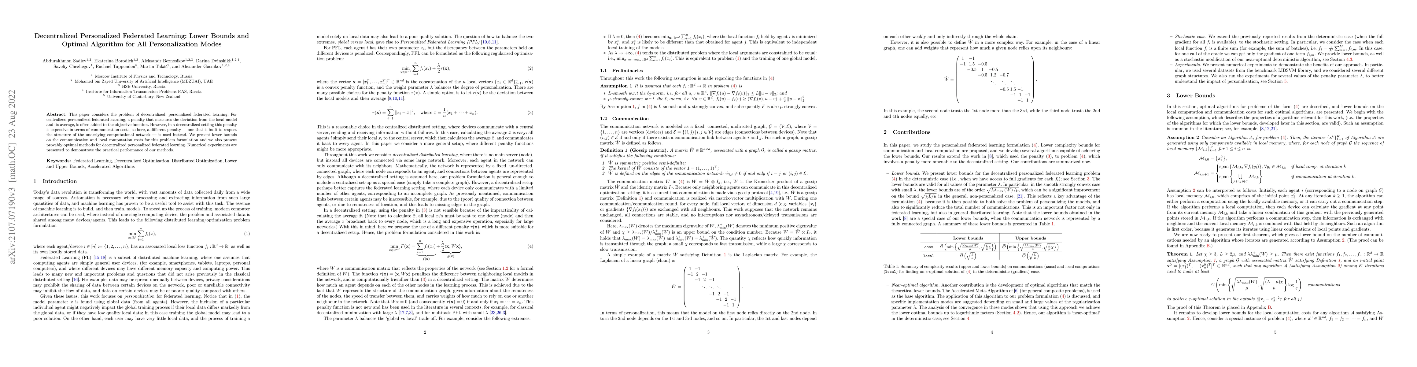 Thumbnail for Decentralized Personalized Federated Learning: Lower Bounds and Optimal
  Algorithm for All Personalization Modes