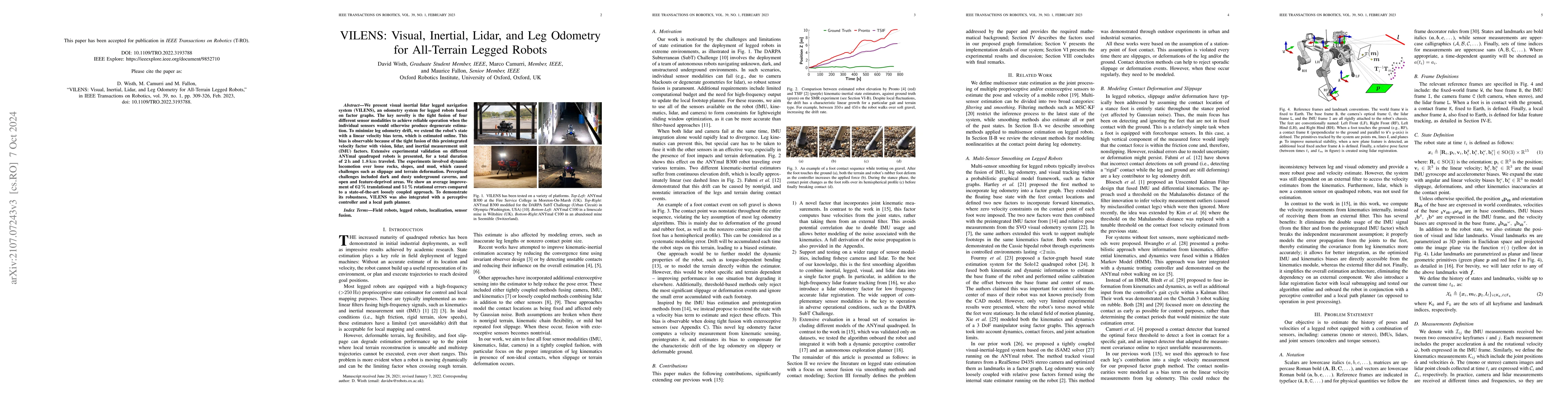 Thumbnail for VILENS: Visual, Inertial, Lidar, and Leg Odometry for All-Terrain Legged
  Robots