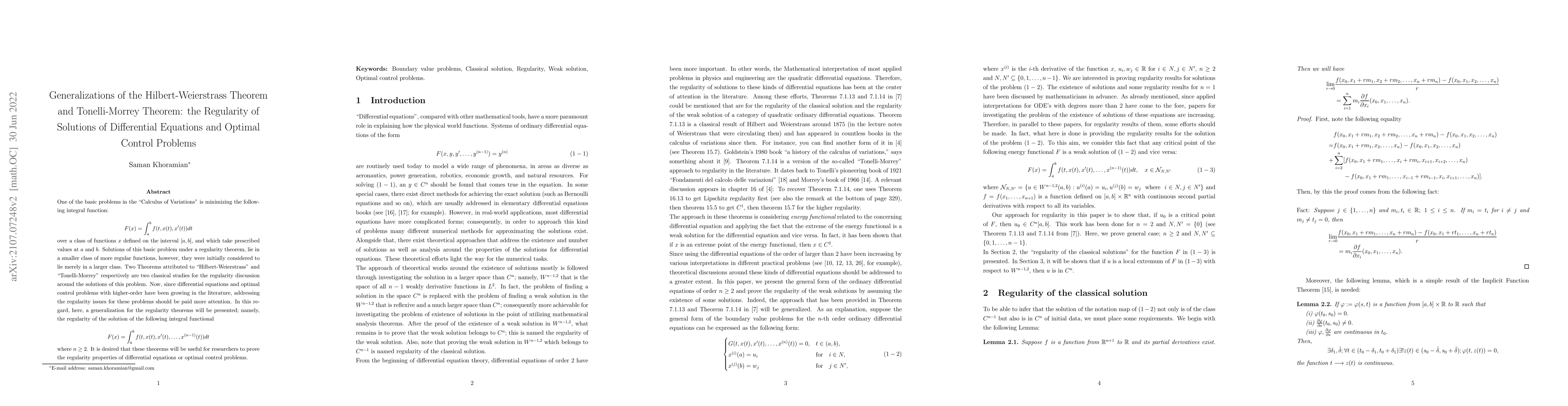 Thumbnail for Generalizations of the Hilbert-Weierstrass Theorem and Tonelli-Morrey
  Theorem: the Regularity of Solutions of Differential Equations and Optimal
  Control Problems