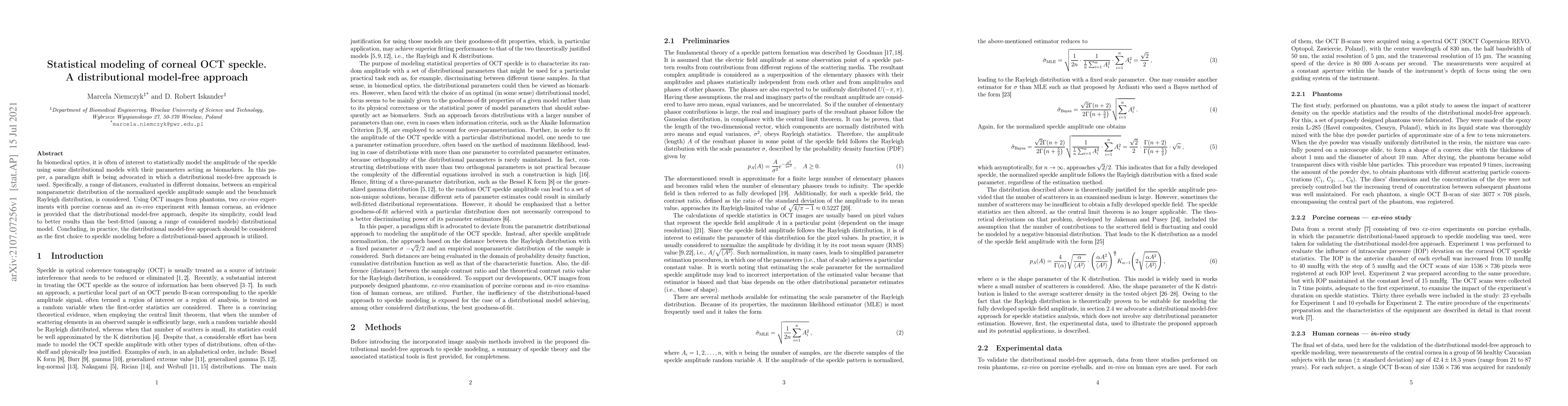Thumbnail for Statistical modeling of corneal OCT speckle. A distributional model-free
  approach