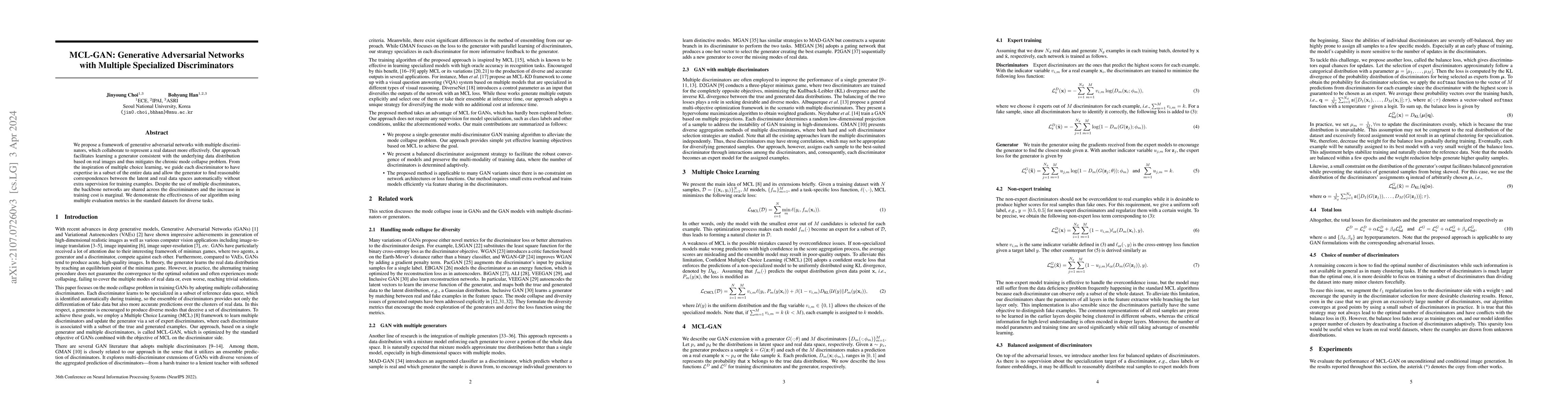 Thumbnail for MCL-GAN: Generative Adversarial Networks with Multiple Specialized
  Discriminators